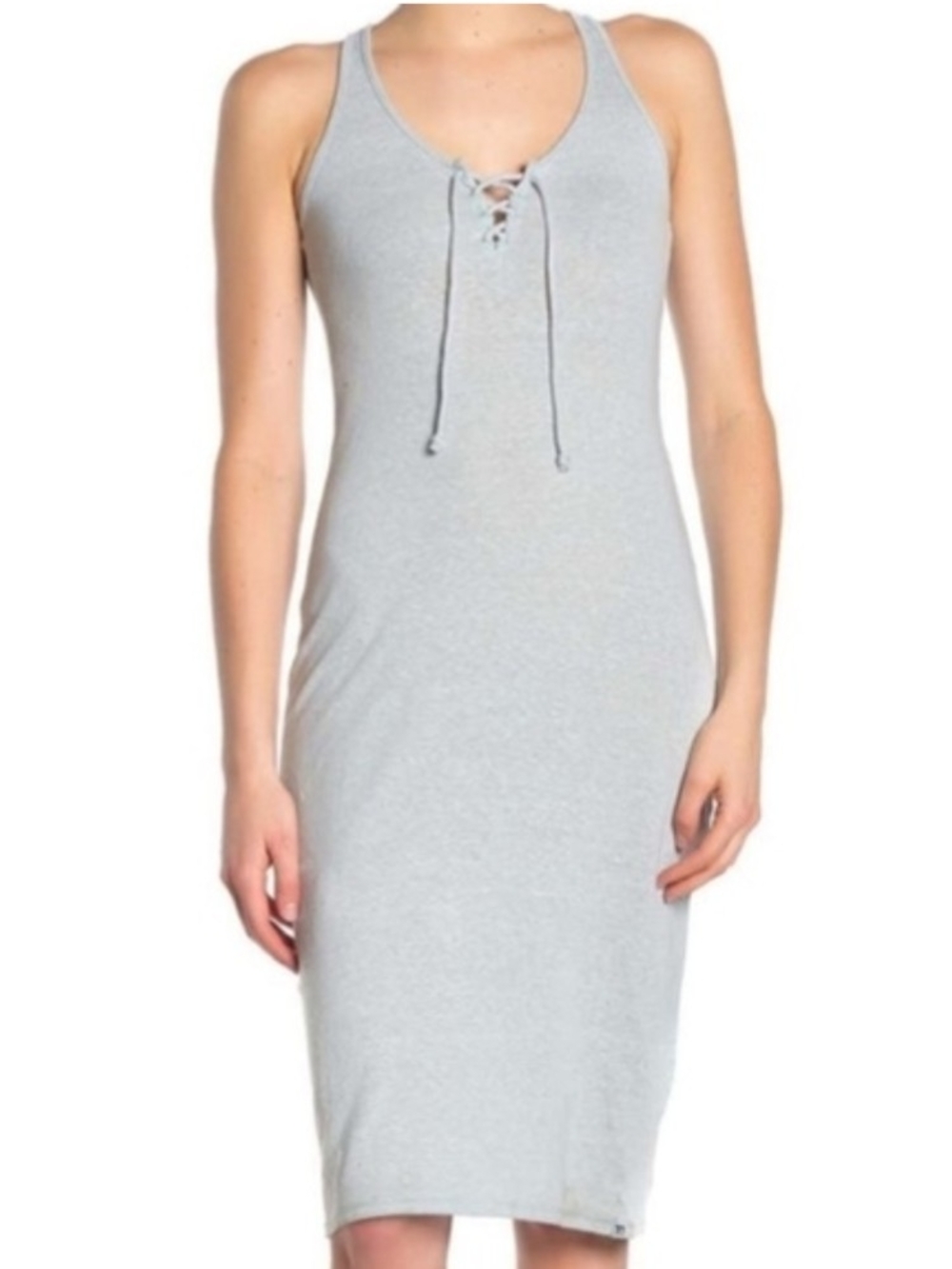 Heather Grey Lace-Up Ribbed Short Sleeve Dress Tee with Racer Back